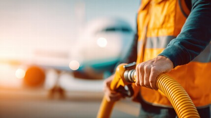 An airport worker fueling a plane with a fuel nozzle, during the golden hour.