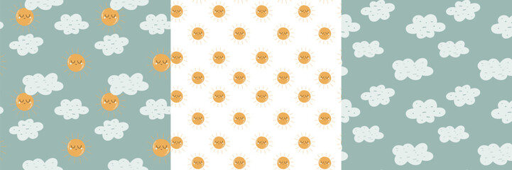 Adorable seamless patterns featuring smiling sun faces and fluffy clouds on soft blue and white backgrounds. A charming design ideal for childrens clothing, nursery decor, baby bedding, scrapbooking, 