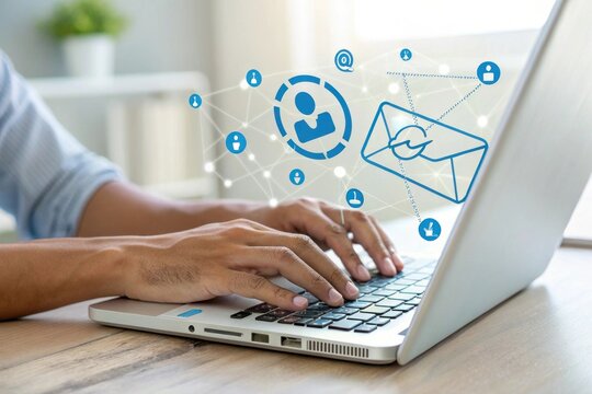 Person typing on laptop with digital communication icons overhead - Powered by Adobe