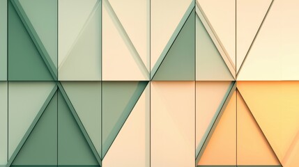 A geometric pattern of overlapping triangles in various shades of green, beige, and orange.