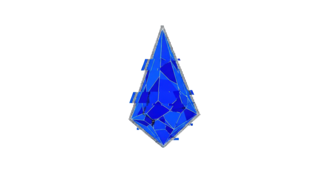 A singular, sharp, angular electric blue digital anomaly with fractured edges and a pixelated border, isolated on a transparent minimalist background with copy space. Concept of digital disruption