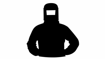 Silhouette of a welder in protective gear with hands on hips standing against a white background space