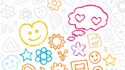 Colorful crayon style doodles of hearts, flowers, suns, and happy faces scattered on white background