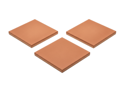 Three warm terracotta, handcrafted ceramic tiles with matte finish, isolated on a transparent background with ample copy space, bright studio lighting, concept of architectural integrity and