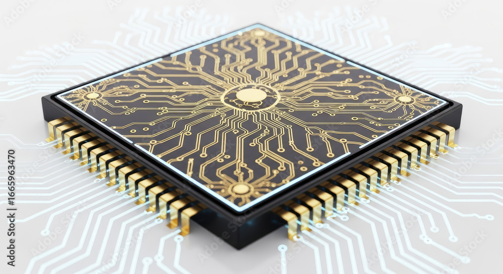 Poster a close up view of a microchip with gold wiring on a circuit board on a white background