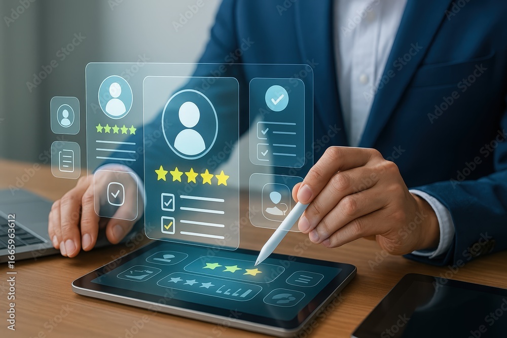 Poster a person interacts with a digital interface displaying user profiles and ratings, highlighting a mod