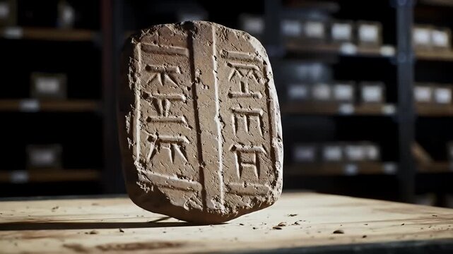 Ancient clay tablet with carved symbols resting on a wood surface, background shelving