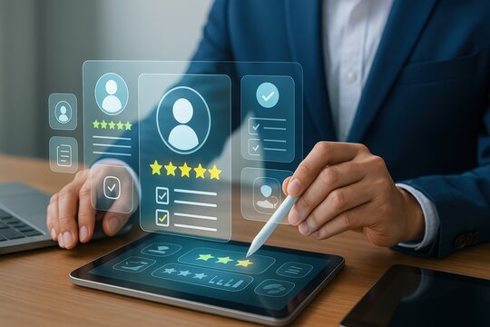 A person interacts with a digital interface displaying user profiles and ratings, highlighting a modern technology concept.