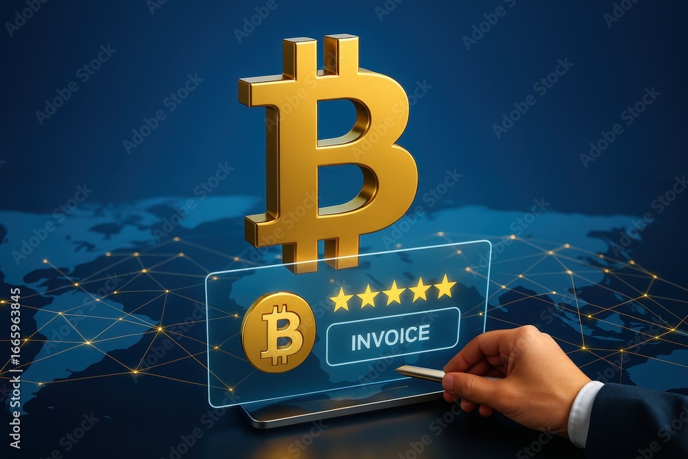 Poster a digital invoice is generated for a cryptocurrency payment, displayed on a transparent interface.