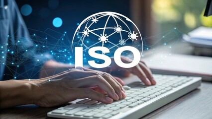 Person typing on keyboard with iso globe hologram