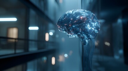 Obraz premium A glowing digital brain with circuit patterns in a futuristic building with blurred surroundings
