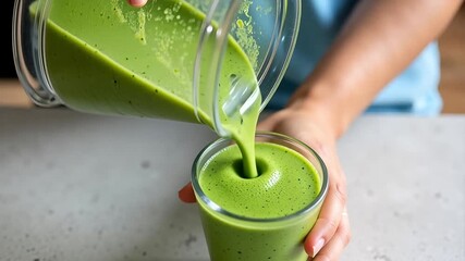 Vibrant green smoothie pouring into a glass, showcasing healthy lifestyle and fresh ingredients, perfect for wellness branding and promoting nutritious drinks
