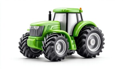 Obraz premium A detailed view of a bright green toy tractor isolated on a white backdrop, ready for play or conceptual use.