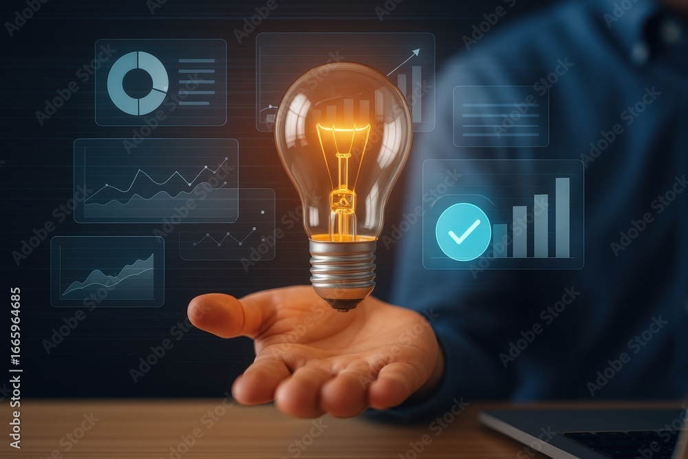 Poster a glowing lightbulb, surrounded by digital data graphs, is held in a hand, symbolizing innovation an