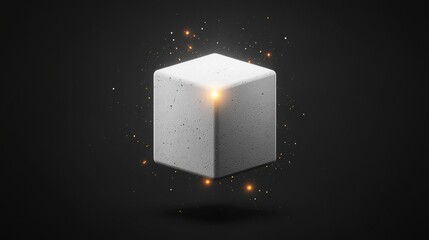 A white cube with a glowing orange light at the top, surrounded by small orange particles against a black background.