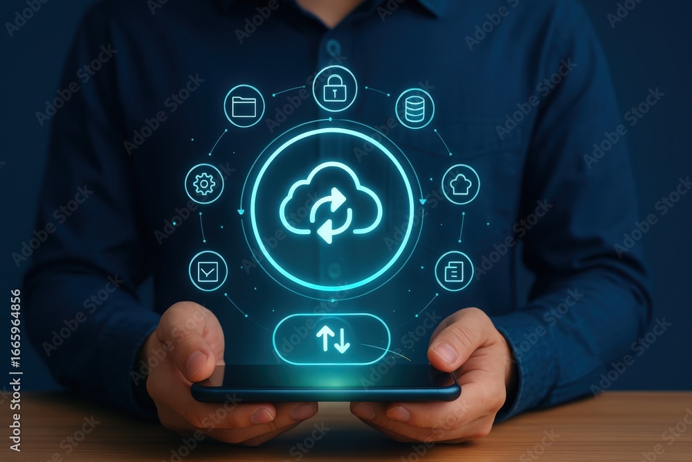 Poster a person holds a smartphone displaying a glowing cloud-computing interface with associated data icon