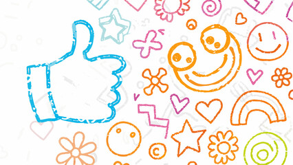 Illustration with a blue thumbs up icon and various colorful hand drawn doodles on a white background