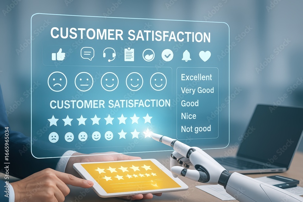 Poster a human and a robot collaborate to review customer satisfaction metrics displayed on a tablet.