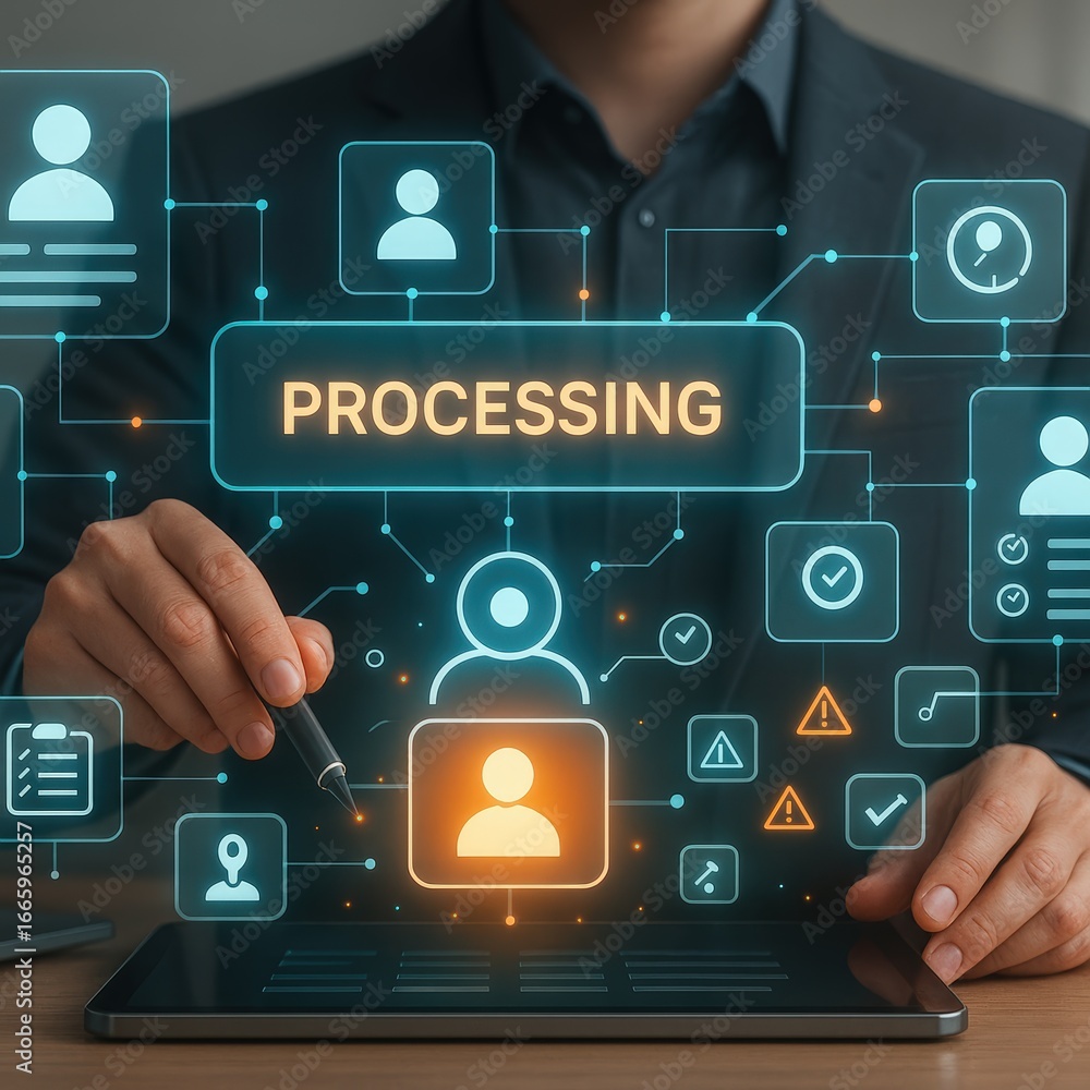 Poster a person interacts with a digital interface displaying the word processing and various connected ico