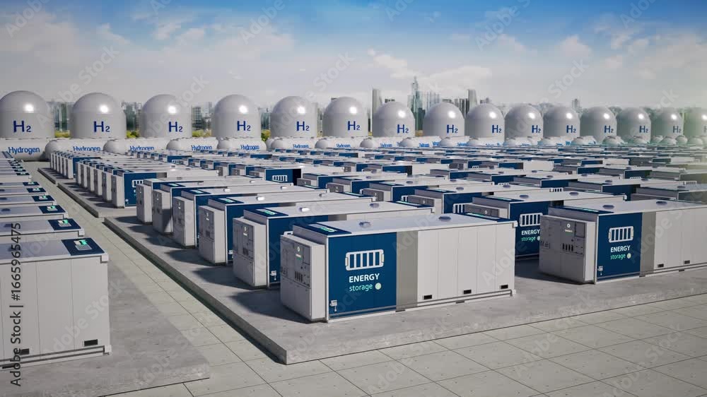 Poster 3d rendering energy storage system or battery container unit with hydrogen tanks for smart city 4k f