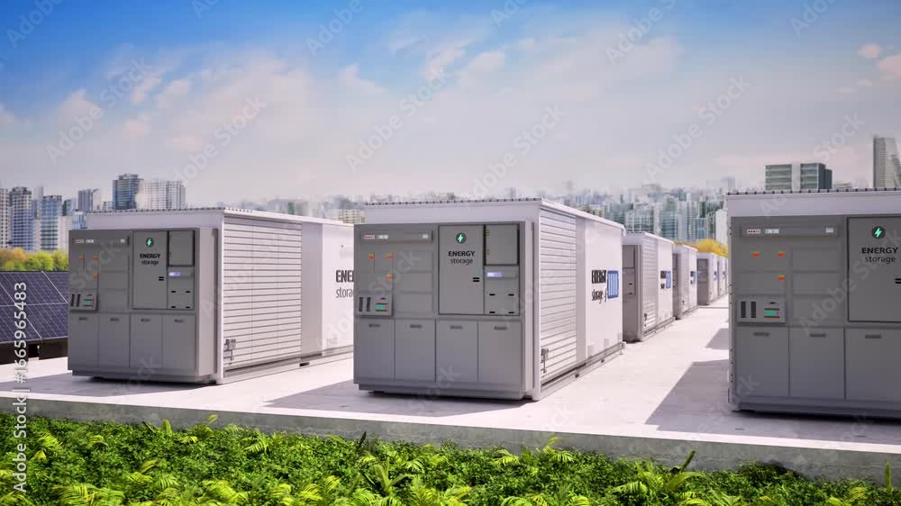 Poster 3d rendering energy storage systems or battery container units for smart city with zero emission 4k 
