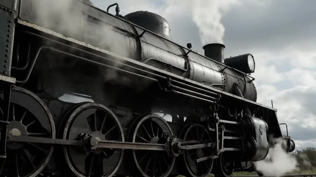 Vintage steam train powerfully chugging along the tracks, billowing smoke, evoking nostalgia and industrial history, perfect for travel and documentary themes