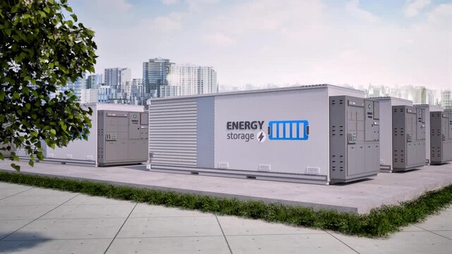 3d rendering energy storage systems or battery container units for smart city with zero emission 4k footage