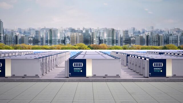 3d rendering energy storage systems or battery container units for smart city with zero emission 4k footage