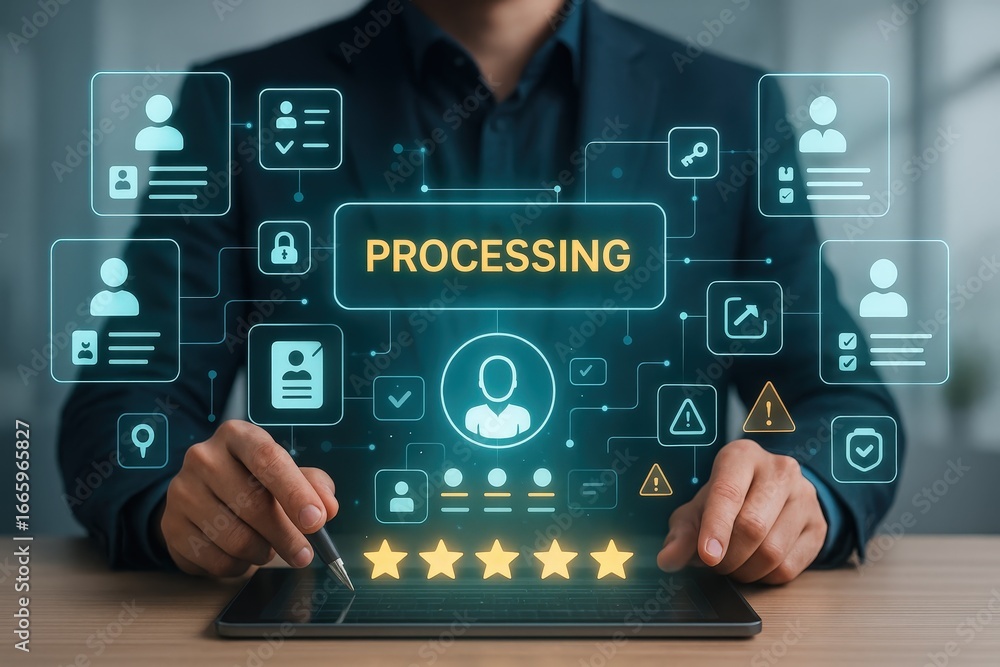 Poster a person interacts with a digital interface displaying a complex processing system, highlighting var