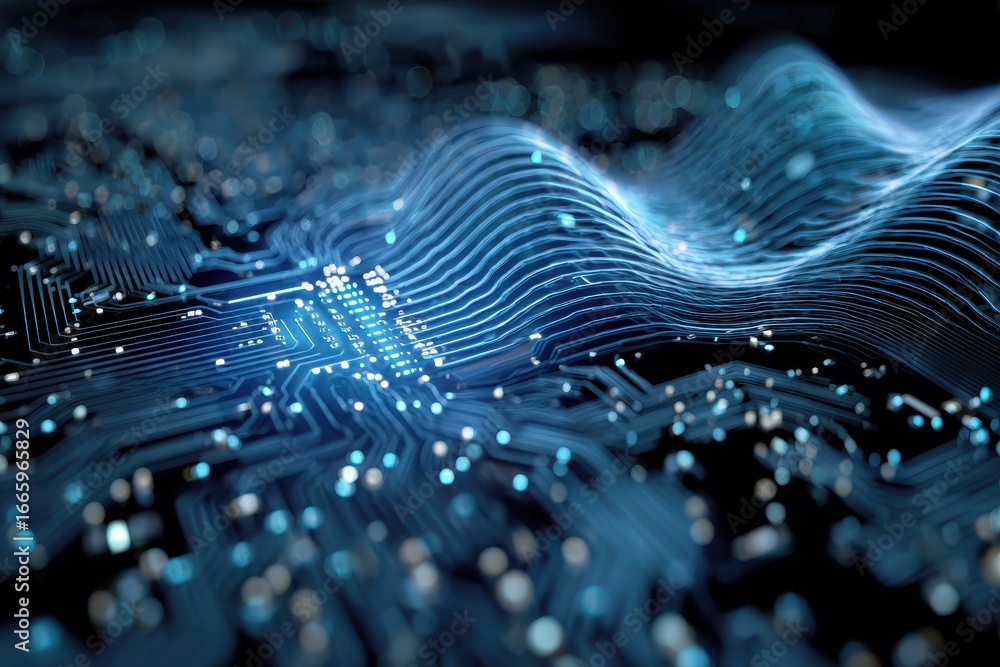 Poster exploring advanced quantum computer technologies in a futuristic setting showcasing intricate circui