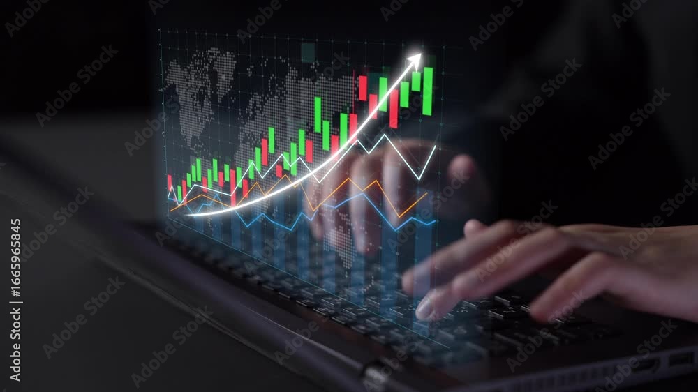 Poster a close-up view of hands typing on a laptop keyboard with a digital stock market graph overlay, repr