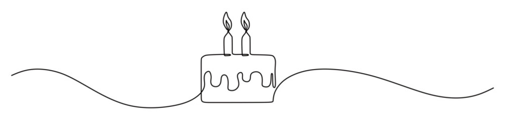 Continuous line art of a birthday cake with candles on top. Concept of a birthday celebration. Vector illustration.