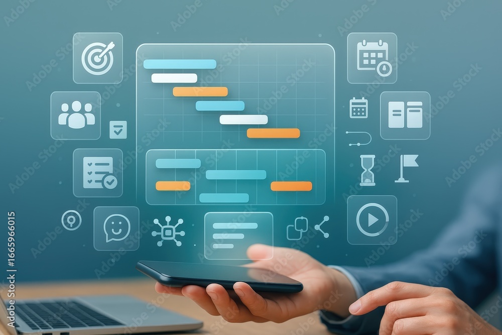 Poster hands holding a smartphone displaying a project management interface with various icons for tasks, t