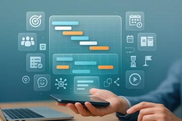 Hands holding a smartphone displaying a project management interface with various icons for tasks, timelines, and collaboration.