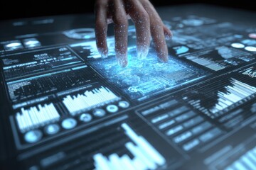 A hand interacts with a futuristic touch screen displaying complex data visualizations