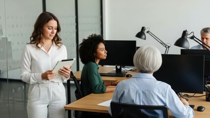 A smiling woman holding a tablet leads a discussion with colleagues in a modern office setting, fostering collaboration and learning - Powered by Adobe