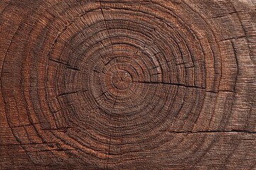Fototapeta premium Close-up of a weathered, dark-brown tree trunk cross-section