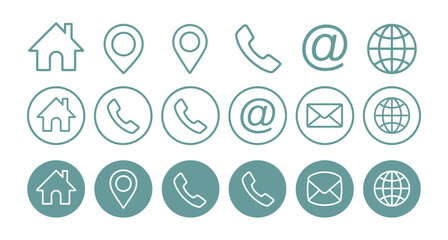Illustration of contact information icons set, representing communication channels such as address, phone, email, website, and location details