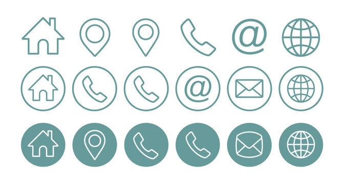 Illustration of contact information icons set, representing communication channels such as address, phone, email, website, and location details