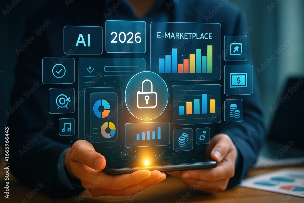 Poster a person holds a device displaying a futuristic interface with various data visualizations, security