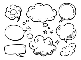 Collection of hand drawn speech bubbles and thought clouds