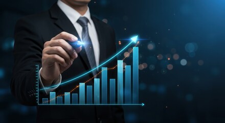 Businessman drawing an upward trending financial growth chart with digital effects