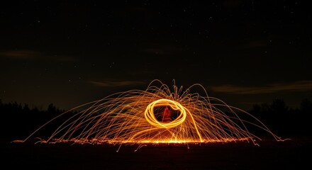 Steel wool ignited, burning filaments creating orange lightning patterns in darkness.