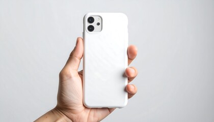 Showcase your sleek mobile design with this minimalist white phone case held in hand against a clean background