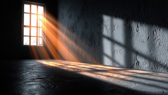 Sunlight streams into a dark room through a window