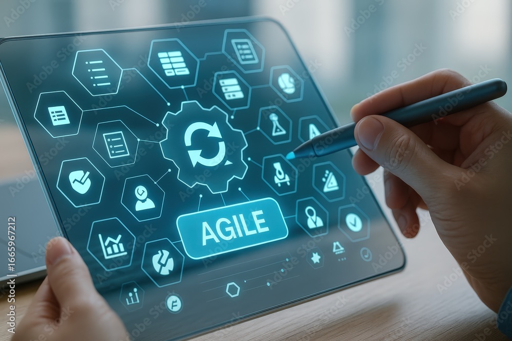 Poster hands interacting with a digital tablet displaying an agile software development interface, showcasi