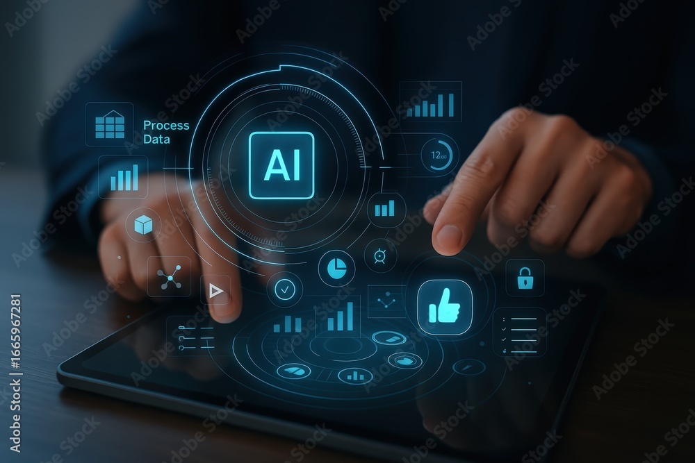 Poster hands interacting with a digital tablet displaying interactive data visualizations and the concept o