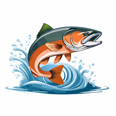 A Spawning Salmon or Trout Jumping Out of Water - Colourful Jumping Fish Vector.