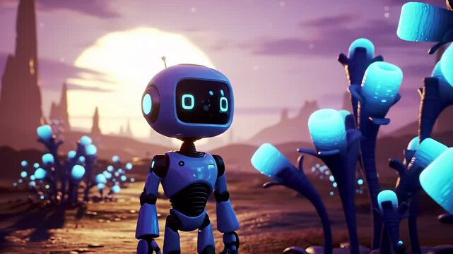 Cartoonish robot stands in purple landscape with glowing alien flora beneath a soft sunset