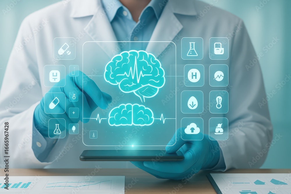 Aufkleber a scientist in a lab coat interacts with a holographic representation of the human brain and medical